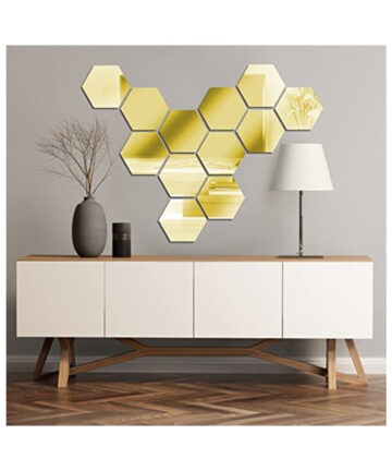 12 Pcs Acrylic Mirror Set 12cm/5in DIY Hexagonal Wall Sticker Decal Flexible Plastic Mirror for Living Room Background Decor