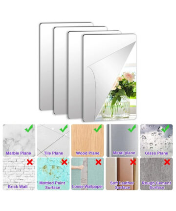 4pcs Acrylic Mirror Sheets Flexible Non Glass Mirror Tiles with 16pcs Self Adhesive Stickers for Home Livingroon Decoration Wall