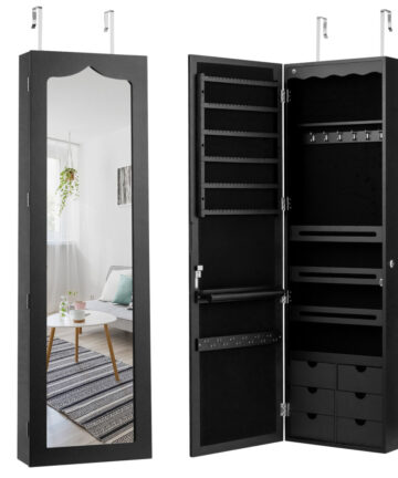 5 LED Lights Jewelry Cabinet Lockable Armoire Wall/Door Mounted w/Mirror