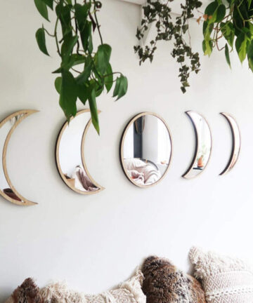5 Piece Wooden Acrylic Moon Mirror Moon Cycle Variation Decorative Wall Mirror Creative Bohemian Mirror