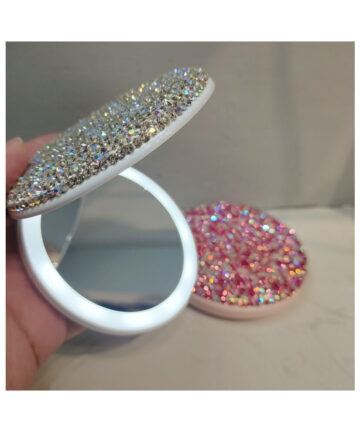 Bling Small Mirror Portable Mini Round LED Makeup Mirror With Rhinestone Decoration Single Side Magnifying Mirror Girl With Lamp