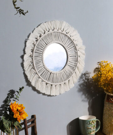 Boho Woven Mirror Leaf Feather Living Room Bedroom Wall Hanging Porch Decor looking glass Hand Woven Tapestry Mirror Decor Room