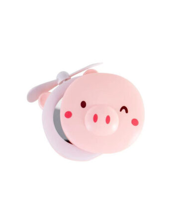 Cartoon Mini Pig Head Makeup Mirror With LED Fill Light Portable Rechargeable Handheld Fan Outdoor Travel Office Accessories