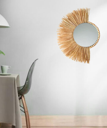 Circle Wall Mirror Woven Wall Hanging Mirror Wall Decor Wall Mirror Circle Straw with Wood Beads Boho for Home Decorations