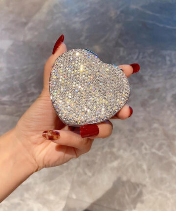 Diamond Love Heart Mirror Mini Portable Pocket Compact Makeup Mirror Double Sided Folding Girls Cosmetic Make Up Mirrors