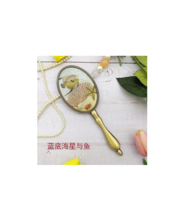 European retro bronze metal handle mirror female makeup mirror small portable portable girl princess round hand mirror