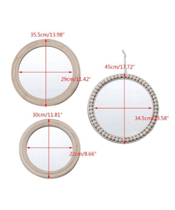 G5AB Rattan Round Wall Hanging Mirror Bohemian Macrame Wooden BeadsCircle Makeup Mirror Tapestry Home Bedroom Art Decor