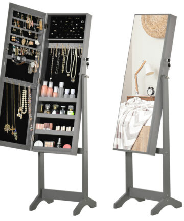 HOMCOM Mirrored Jewellery Cabinet Lockable Jewellery Organiser for Bedroom Grey