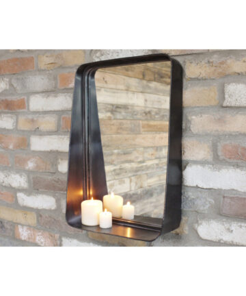 Industrial Mirror Wall Storage Shelf Distressed Black Metal Frame Decor + Ledge