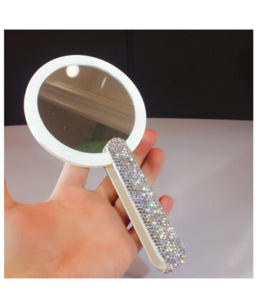 LED Light Mirror Rotatable Folding Makeup Mirror Rhinestone With Handle Portable Decorative Mirror Makeup Tool Whit