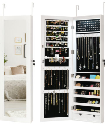 Lockable Jewelry Storage Cabinet Wall-mounted LED Jewelry Armoire w/Full Mirror