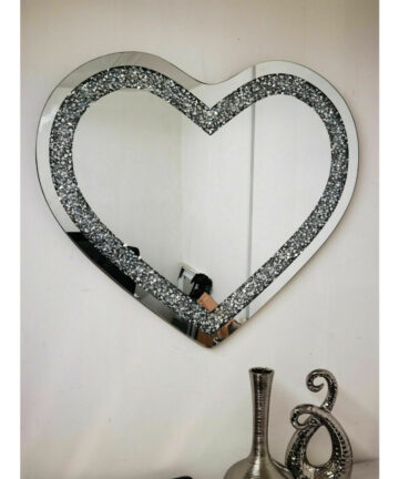 Love Heart Shaped Wall Mirror Sparkly Silver Diamond Crushed Crystal