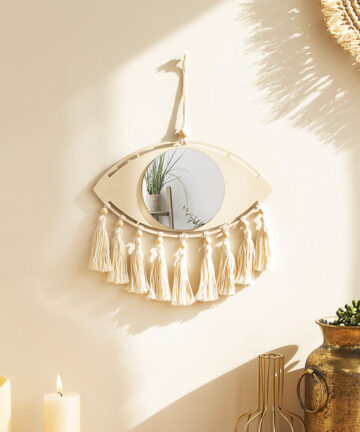 Macrame Mirror Eye Decorative Mirrors Wooden Home Wall Decor Boho Evil Eye Makeup Mirror Bedroom Living Room Tassel Decoration