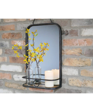 (Mirror Shelf) Industrial Style Wall Mirror Storage Shelf Black Distressed Metal Frame bathroom