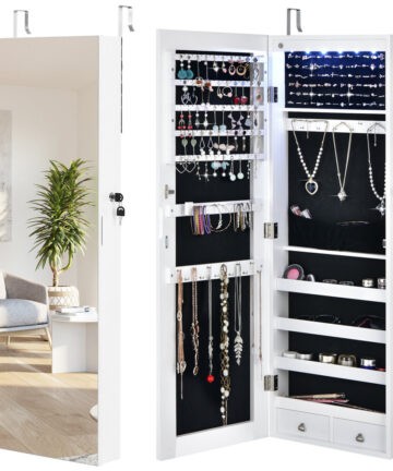 Mirrored Jewelry Storage Cabinet Lockable Wall Mounted w/ 6 LED Lights