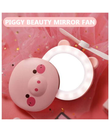 Multifunctional Cartoon Piggy Makeup Mirror Fill Light Portable Cooling Fan Handheld Charging Illuminated Makeup Mirror