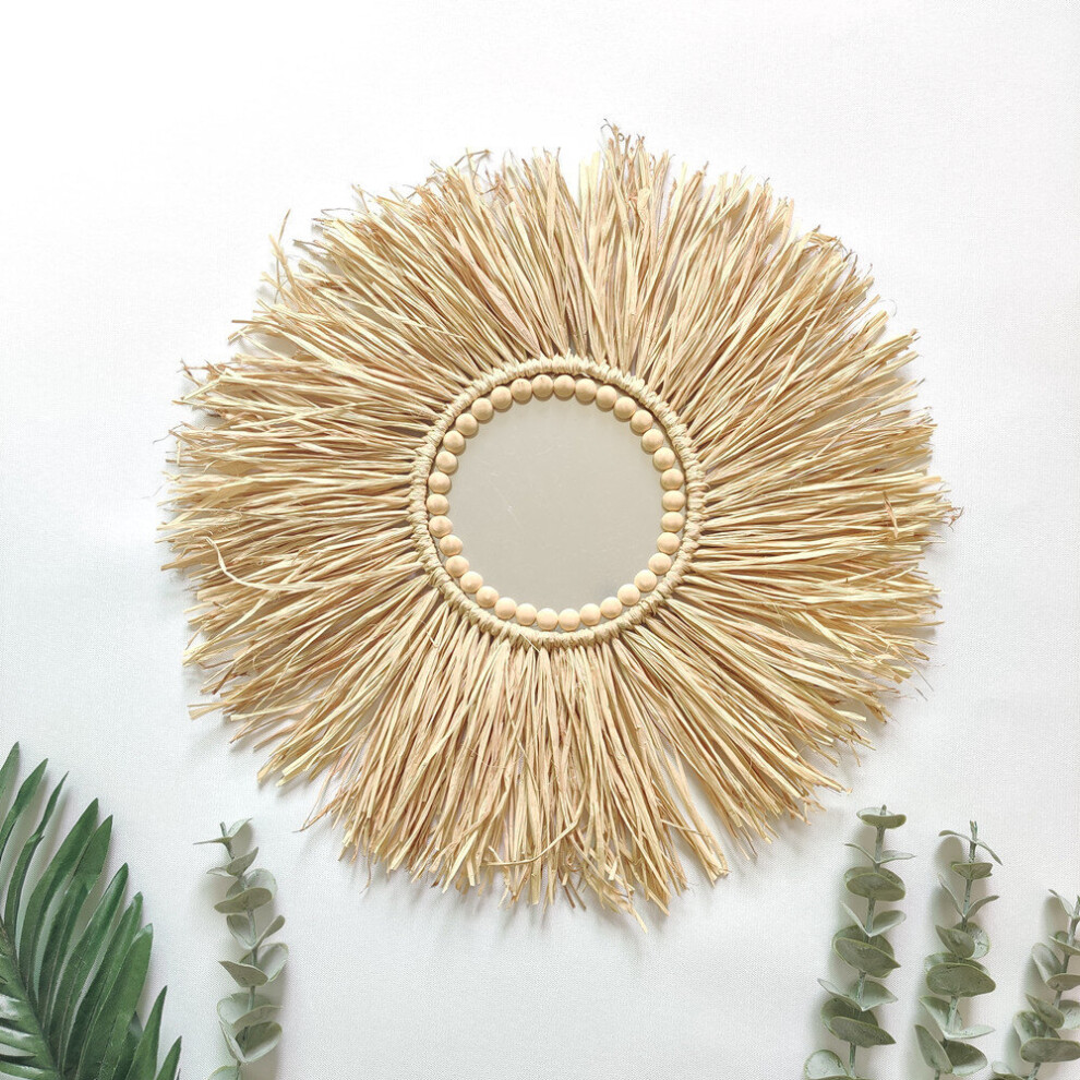 Nordic Round Woven Straw Mirror Moroccan Wood Beads Hanging Makeup Mirrors Wall Ornaments Home Decor Crafts