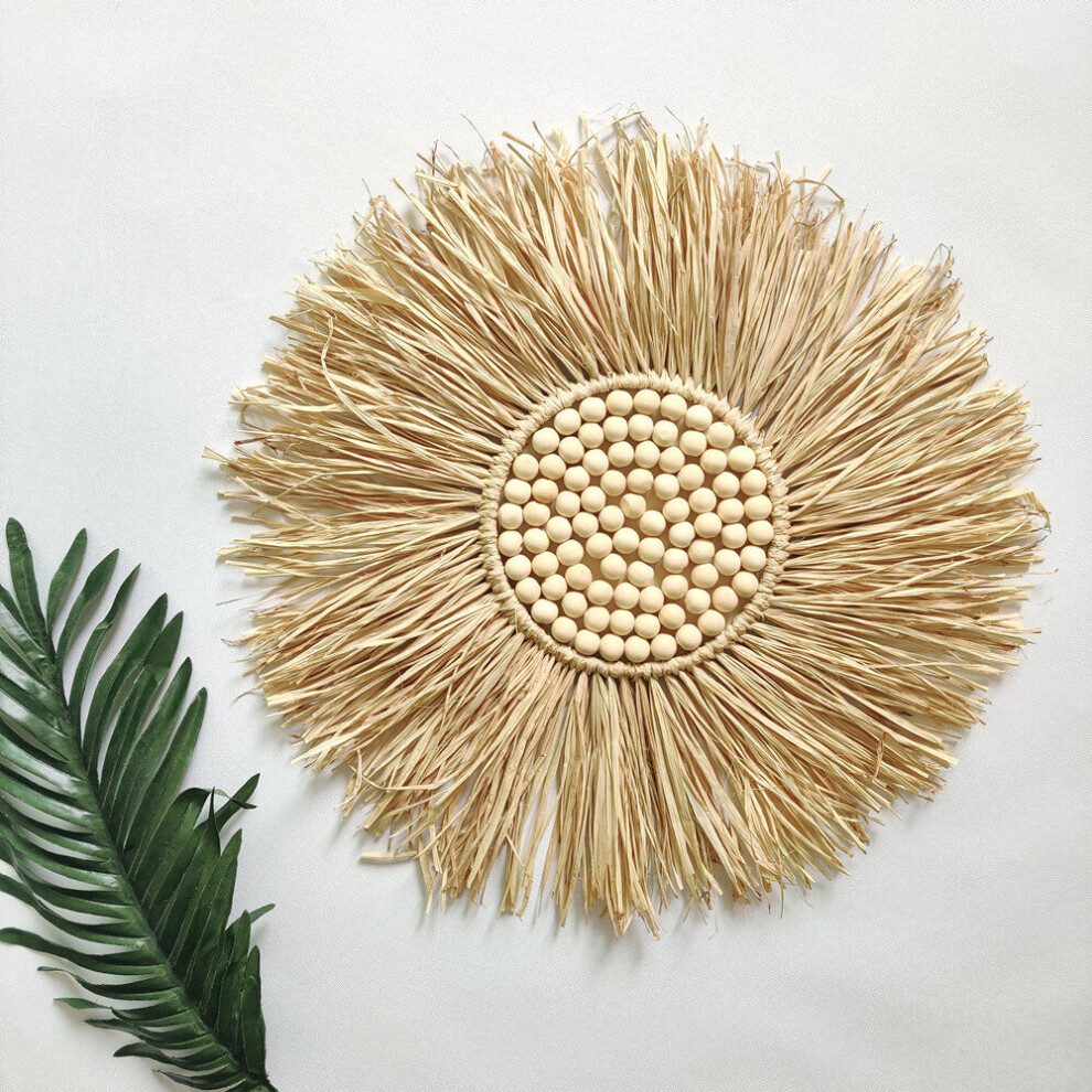 Nordic Round Woven Straw Mirror Moroccan Wood Beads Hanging Makeup Mirrors Wall Ornaments Home Decor Crafts