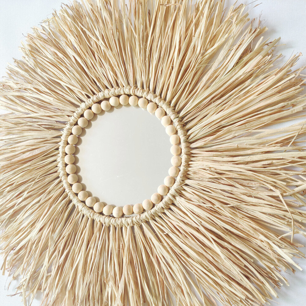 Nordic Round Woven Straw Mirror Moroccan Wood Beads Hanging Makeup Mirrors Wall Ornaments Home Decor Crafts