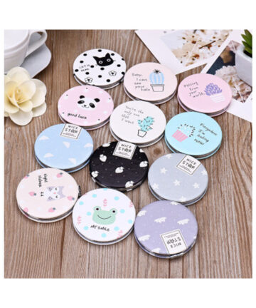 PU Leather Small Round Mirror Double-Sided Folding Girls Mirror Portable Cat Plant Print Make Up Mirrors Decorative Mirrors