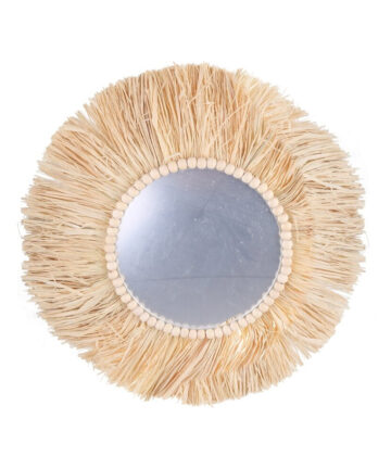 Round Rattan Hanging Mirror Straw Moroccan Wood Beads Acrylic Space-saving, Multi-function Decorative Ornament for Bedroom
