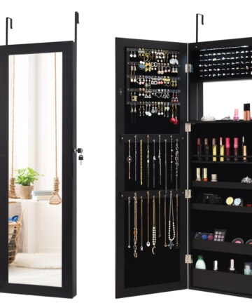Wall-mounted Jewelry Storage Cabinet Door Hanging Armoire w/ Full Mirror