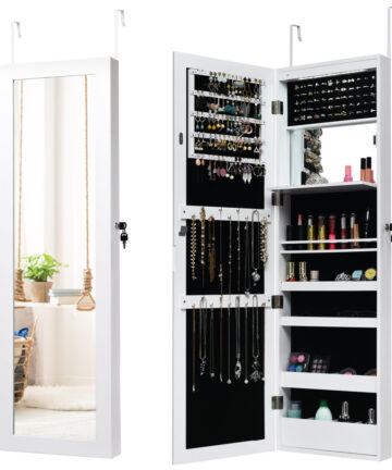Wall-mounted Jewelry Storage Cabinet Door Hanging Armoire w/ Full Mirror